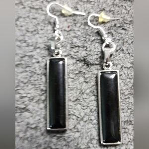 Black Silvertone Geometric Faux Onyx Earrings
